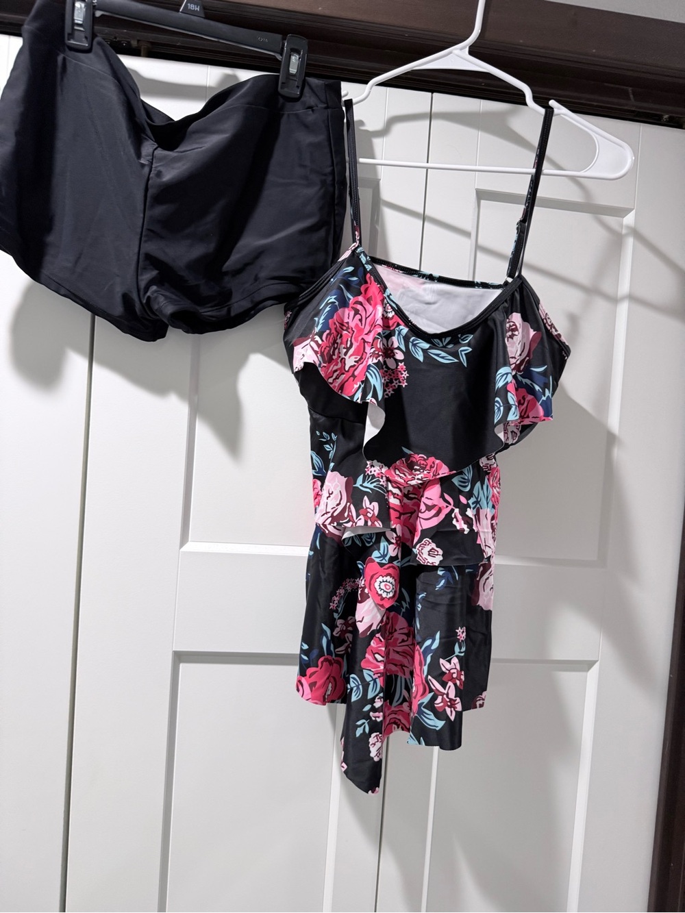 Black Floral Ruffle tankini swim top with Black Swim Shorts